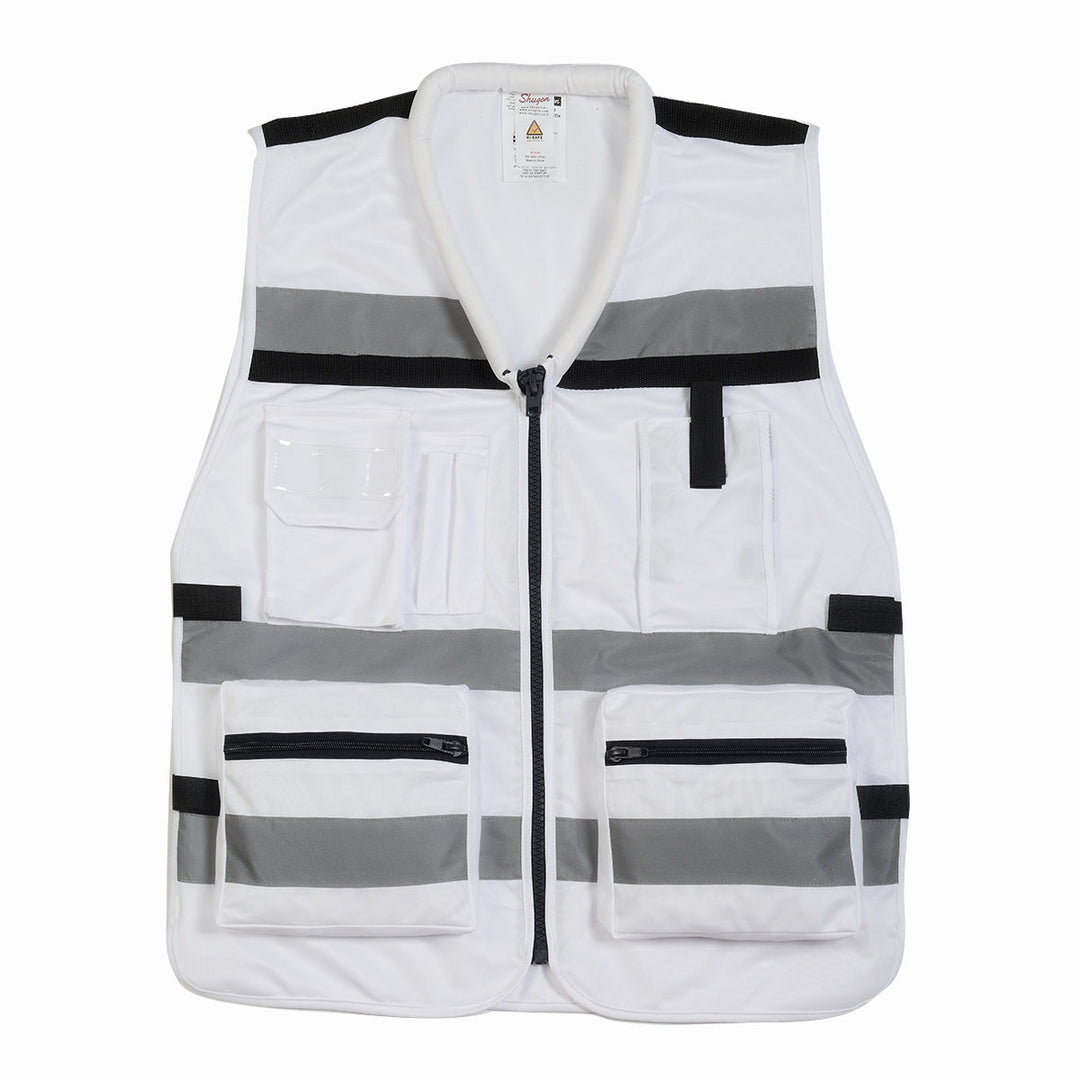 אפוד עבודה לבן עם כיסים ופסים מחזירי אור