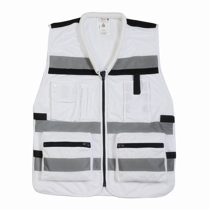 אפוד עבודה לבן עם כיסים ופסים מחזירי אור